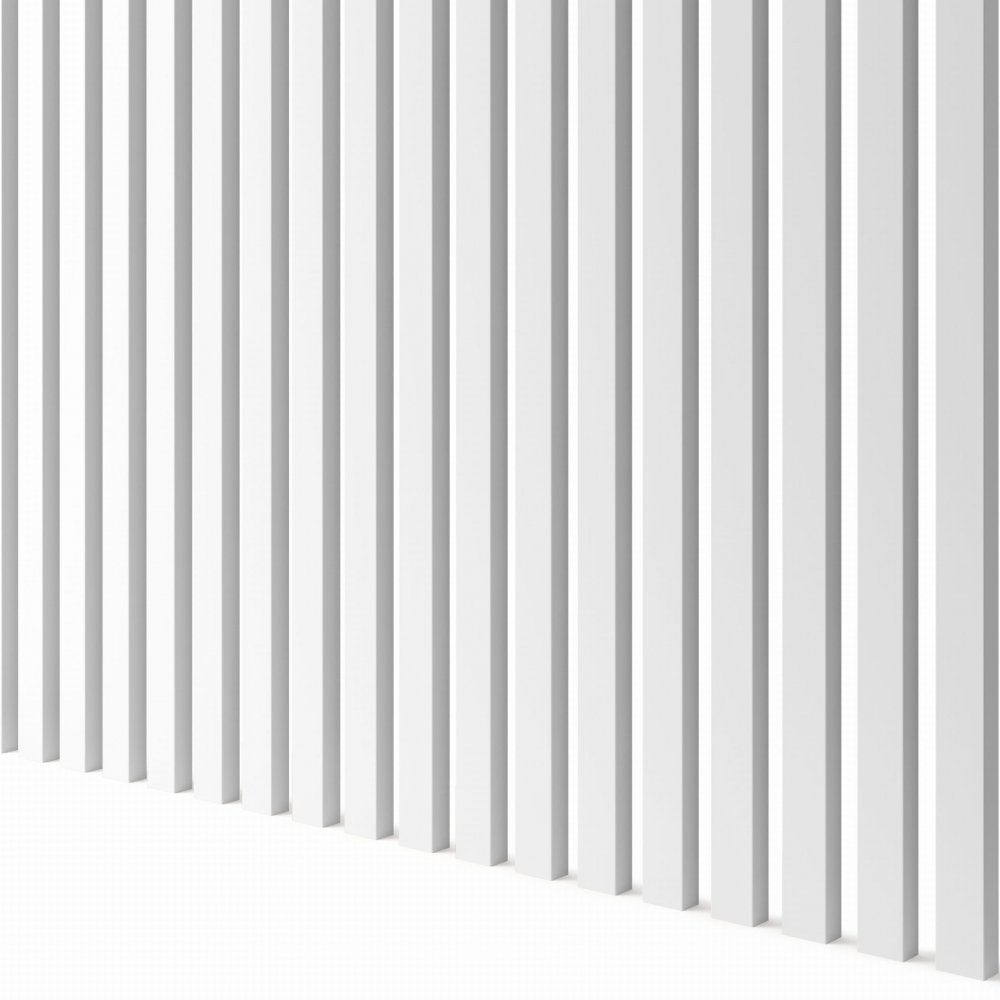 Bílé úzké dřevotřískové lamely, které se lepí na stěnu