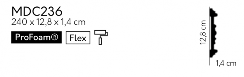 Nástenná lišta – S ORNAMENTOM, tvrdý plast ProFoam® (polyuretán), základný biely náter (pretierateľný), 128 x 14 x 2000 mm