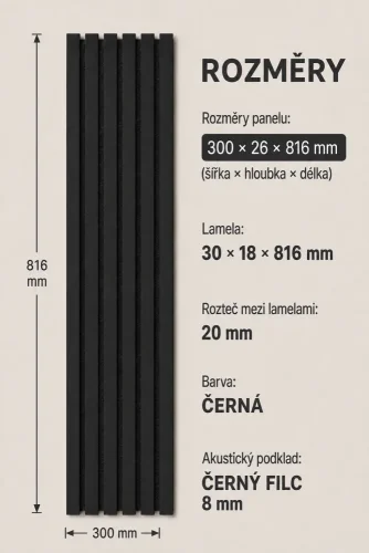 ATYPICKÝ PRODUKT - Akustický panel - ČIERNY, MDF + FÓLIA FINISH, ČIERNY akustický podklad FILC, 300 x 816 mm