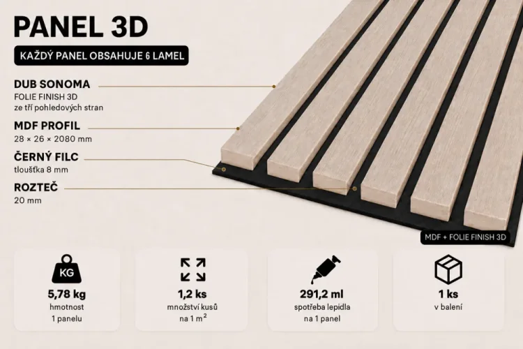 ATYPICKÝ PRODUKT - Akustický panel - DUB SONOMA, MDF + FÓLIA FINISH 3D, ČIERNY akustický podklad FILC, 280 x 2080 mm
