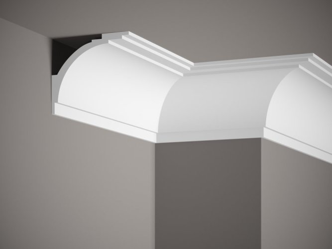 Stropná lišta – HLADKÁ, tvrdý plast PolyForce® (HD Polymér), základný biely náter (pretierateľný), 108 x 120 x 2000 mm