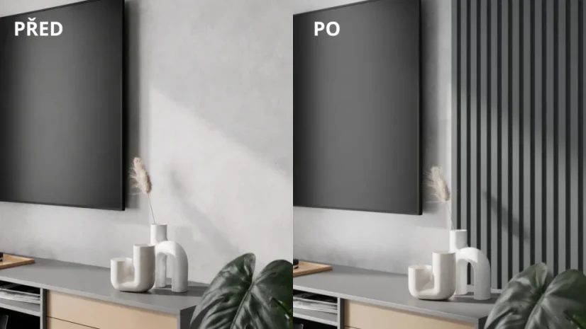 Akustický panel - GRAFIT (ANTRACIT), MDF + FOLIE FINISH, ČERNÝ akustický podklad FILC, 300 x 2750 mm