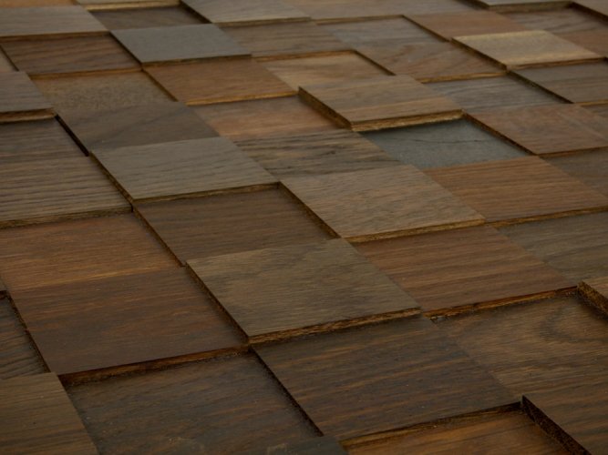 DUB TABÁK 50, samolepící panel 300 x 300 mm (0,09 m²) - dřevěná mozaika 3D - Povrchová úprava: Broušený - olejovaný, Balení: NA SAMOLEPÍCÍM PODKLADU