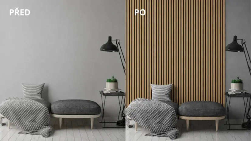 Dřevěné lamely ÚZKÉ na ČERNÉ desce (MDF), EVROPSKÝ DUB, CPL PREMIUM, 24 x 300 x 2750 mm (0,825 m2)