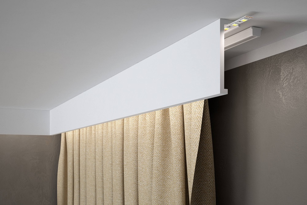 Garnýžová LED osvětlovací lišta, NEPŘÍMÉ OSVĚTLENÍ, tvrdý plast PolyForce (HD Polymer), základní bílý nátěr (přetíratelný), 120 x 40 x 2400 mm