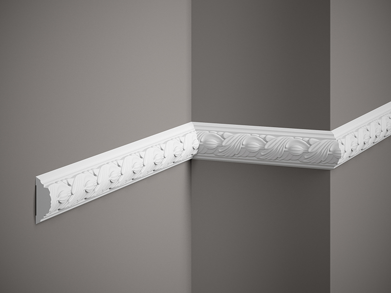 Nástěnná lišta – S ORNAMENTEM, tvrdý plast ProFoam® (polyuretan), základní bílý nátěr (přetíratelný), 54 x 20 x 2000 mm