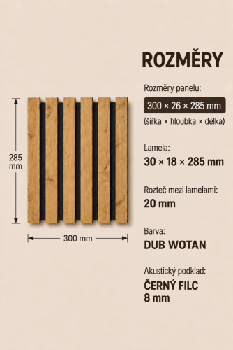 ATYPICKÝ PRODUKT - Akustický panel - DUB WOTAN, MDF + FÓLIA FINISH 3D, ČIERNY akustický podklad FILC, 300 x 285 mm