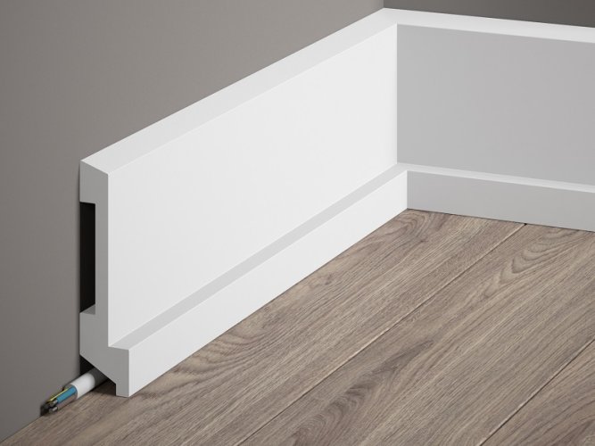 Podlahová lišta – PREMIUM, tvrdý plast PolyForce (HD Polymér), kvalitný biely lak (finálny povrch), 110 x 27 x 2000 mm