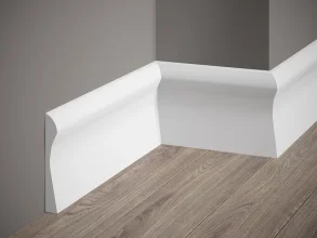 Podlahová lišta – PREMIUM, tvrdý plast PolyForce (HD Polymer), kvalitní bílý lak (finální povrch), 128 x 18 x 2000 mm