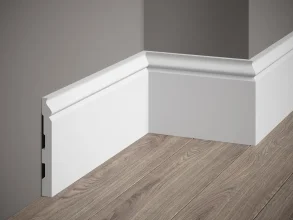 Podlahová lišta – PREMIUM, tvrdý plast PolyForce (HD Polymér), kvalitný biely lak (finálny povrch), 137 x 18 x 2000 mm