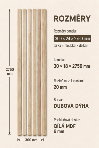 Drevené lamely ÚZKE na BIELEJ doske (MDF), DUBOVÁ DÝHA, 24 x 300 x 2750 mm (0,825 m2)