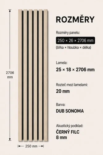 ATYPICKÝ PRODUKT - Akustický panel - DUB SONOMA, MDF + FOLIE FINISH 3D, ČERNÝ akustický podklad FILC, 2706 x 250 mm
