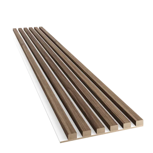 Drevené lamely ÚZKE na BIELEJ doske (MDF), ORECH, FINISH FÓLIA, 24 x 300 x 2750 mm (0,825 m2)