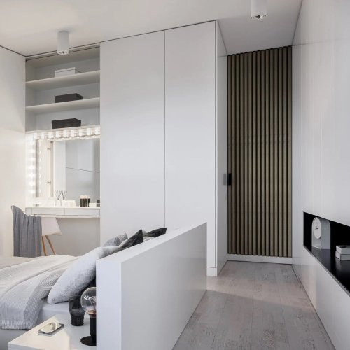 Realizace dřevěných lamel LINEA SLIM 3 – Dub zdobící interiér moderního bytu