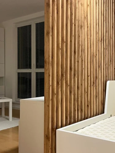 Dělící lamelová stěna - DUB WOTAN, (kompletní sada), MDF + FINISH FOLIE, 29 předpřipravených šířek od 510 do 2750 mm, libovolná výška (maximálně 2750 mm), 70 mm tloušťka příčky - Typ lamel: V úhlu 45° k základně
