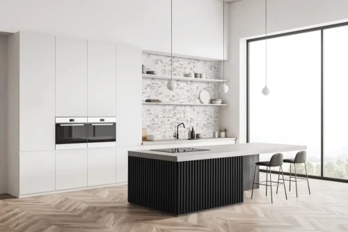 Realizace betonového obkladu COUNTRY 680 – Bíločervené cihly za kuchyňskou linkou