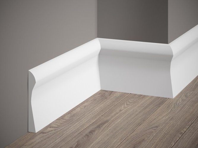 Podlahová lišta – PREMIUM, tvrdý plast PolyForce (HD Polymer), kvalitní bílý lak (finální povrch), 128 x 18 x 2000 mm