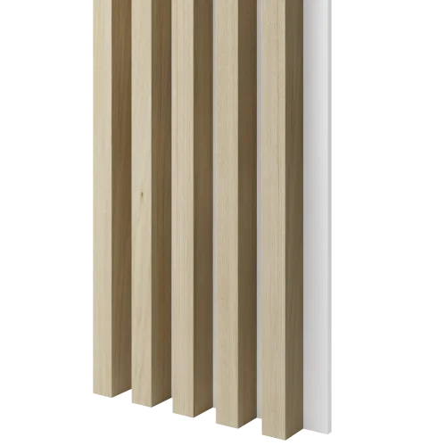 Dřevěné lamely ŠIROKÉ na BÍLÉ desce (MDF), BĚLENÝ DUB, 46 x 300 x 2750 mm (0,825 m2)