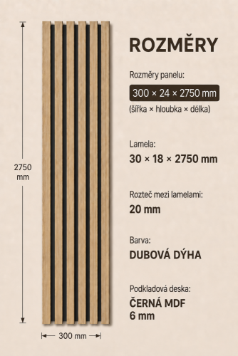 Dřevěné lamely ÚZKÉ na ČERNÉ desce (MDF), DUBOVÁ DÝHA,  24 x 300 x 2750 mm (0,825 m2) - Povrchová úprava dýhy: Bez povrchové úpravy