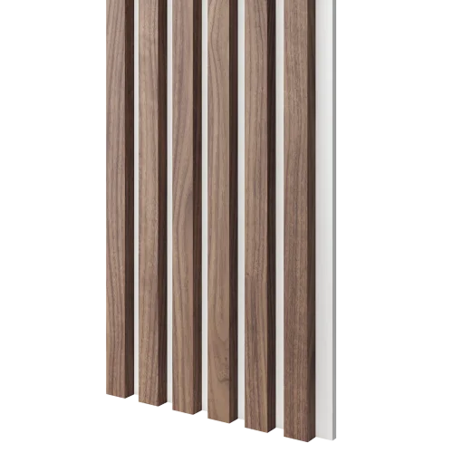 Dřevěné lamely ÚZKÉ na BÍLÉ desce (MDF), OŘECH DÝHA, 24 x 300 x 2750 mm (0,825 m2)