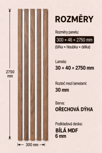 Dřevěné lamely ŠIROKÉ na BÍLÉ desce (MDF), OŘECH DÝHA, 46 x 300 x 2750 mm (0,825 m2)