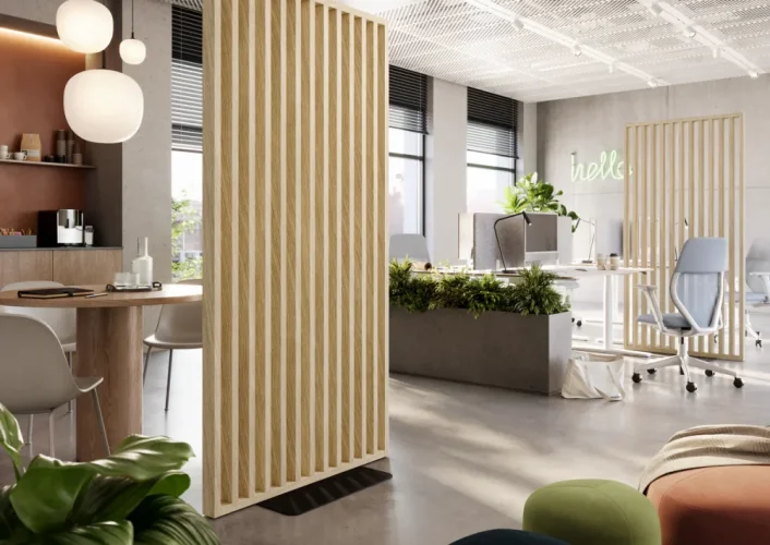 Dělící lamelová stěna s podstavcem - volně stojící, 990 x 2005 mm, (MDF), EVROPSKÝ DUB CPL - Typ lamel: V úhlu 45° k základně