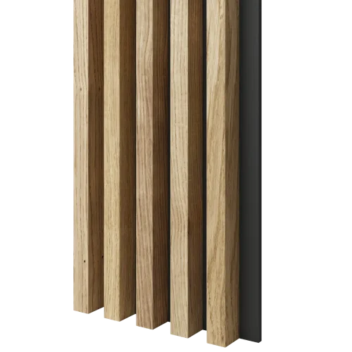 Dřevěné lamely ŠIROKÉ na ČERNÉ desce (MDF), DUBOVÁ DÝHA, 46 x 300 x 2750 mm (0,825 m2)