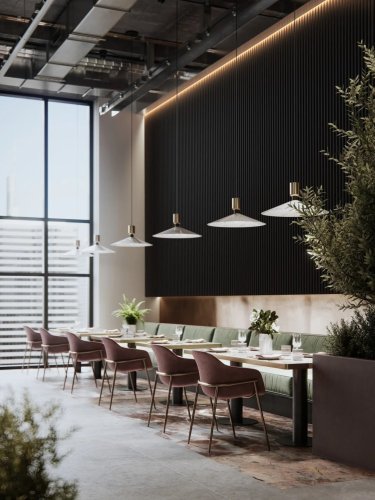Realizace dřevěných lamel LINEA SLIM – Černý obklad v restauraci