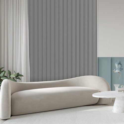 Akustický panel ACOUSTIC LINE - glacier grey | černá, 2650 x 245 x 22 mm, lamely MDF + FINISH FOLIE, akustický podklad FILC