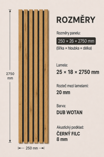 ATYPICKÝ PRODUKT - Akustický panel - DUB WOTAN, MDF + FÓLIA FINISH 3D, ČIERNY akustický podklad FILC, 250 x 2750 mm