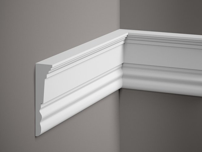 Nástěnná lišta – HLADKÁ, tvrdý plast ProFoam® (polyuretan), základní bílý nátěr (přetíratelný), 101 x 33 x 2000 mm