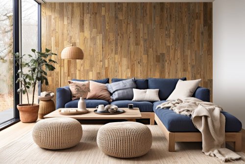 Realizace obkladových panelů AMBER - SMRK | BOROVICE za gaučem