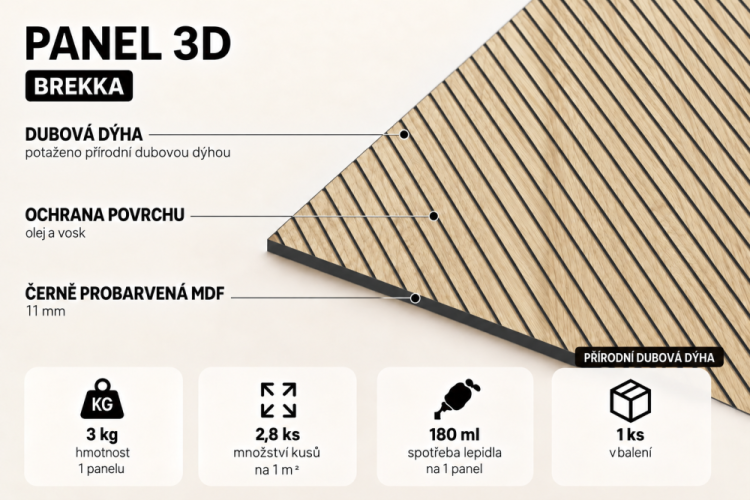 Lamelový panel BREKKA - DUBOVÁ DÝHA, ČERNÝ podklad MDF, 600 x 600 x 11 mm