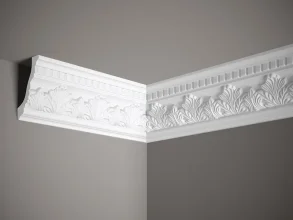 Stropní lišta – S ORNAMENTEM, tvrdý materiál ProFoam (Polyuretan), základní bílý nátěr (přetíratelný), 116 x 74 x 2000 mm