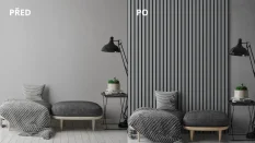 Dřevěné lamely ŠIROKÉ na ČERNÉ desce (MDF), GRAFIT (ANTRACIT), 46 x 300 x 2750 mm (0,825 m2)