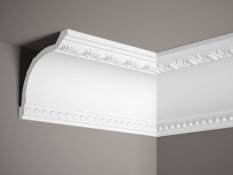 Stropná lišta – S ORNAMENTOM, tvrdý materiál ProFoam (Polyuretán), základný biely náter (pretierateľný), 110 x 135 x 2000 mm