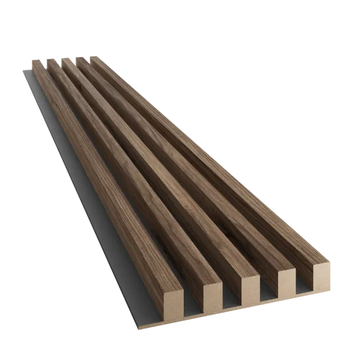 Dřevěné lamely ŠIROKÉ na ČERNÉ desce (MDF), KLASICKÝ OŘECH, 46 x 300 x 2750 mm (0,825 m2)