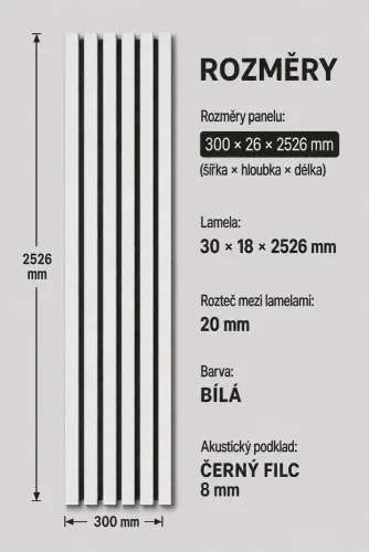 ATYPICKÝ PRODUKT - Akustický panel - BÍLÝ, MDF + FOLIE FINISH, ČERNÝ akustický podklad FILC, 2526 x 300 mm