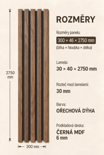 Drevené lamely ŠIROKÉ na ČIERNEJ doske (MDF), ORECH DYHA, 46 x 300 x 2750 mm (0,825 m2) - Povrchová úprava dyhy: Olejovaná