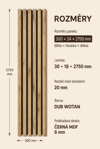Dřevěné lamely ÚZKÉ na ČERNÉ desce (MDF), DUB WOTAN, FINISH FOLIE, 24 x 300 x 2750 mm (0,825 m2)