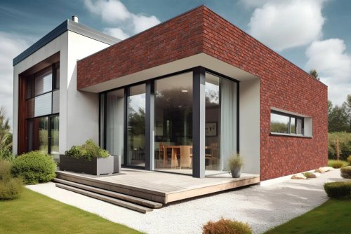 Realizace betonového obkladu CAMBRIDGE 4 – Červené cihly na rodinném domu