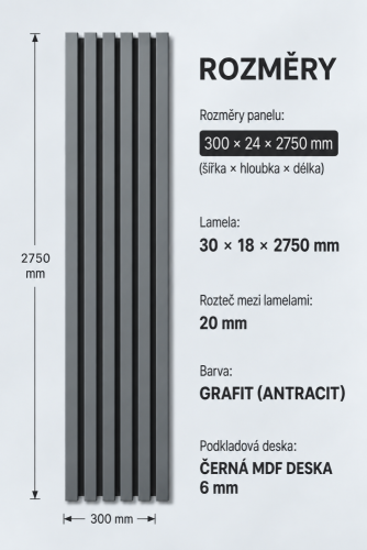 Dřevěné lamely ÚZKÉ na ČERNÉ desce (MDF), GRAFIT (ANTRACIT), FINISH FOLIE, 24 x 300 x 2750 mm (0,825 m2)