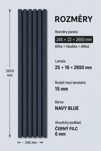 Akustický panel ACOUSTIC LINE - navy blue | černá, 2650 x 245 x 22 mm, lamely MDF + FINISH FOLIE, akustický podklad FILC