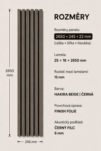Akustický panel ACOUSTIC LINE - hakira beige | čierna, 2650 x 245 x 22 mm, lamely MDF + FINISH FOLE, akustický podklad FILC