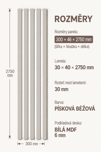 Dřevěné lamely ŠIROKÉ na BÍLÉ desce (MDF), PÍSKOVÁ BÉŽOVÁ, 46 x 300 x 2750 mm (0,825 m2)