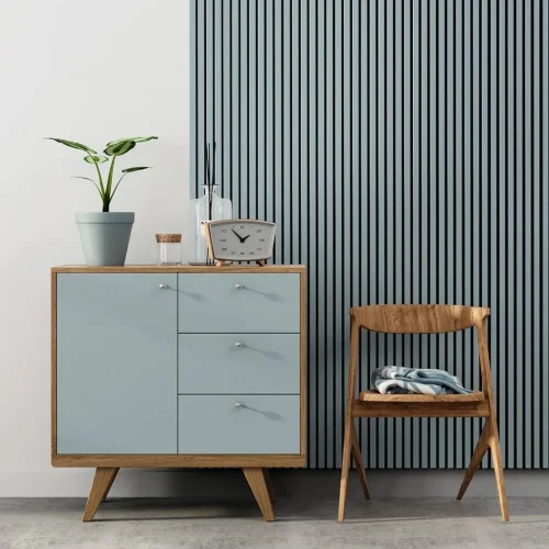 Akustický panel ACOUSTIC LINE - smoke blue | čierny, 2650 x 245 x 22 mm, lamely MDF + FINISH FOLIE, akustický podklad FILC