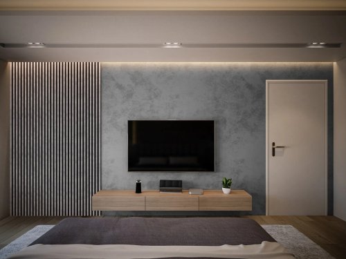 Realizace dřevěných lamel LINEA COMFORT 5 v pokoji s televizí