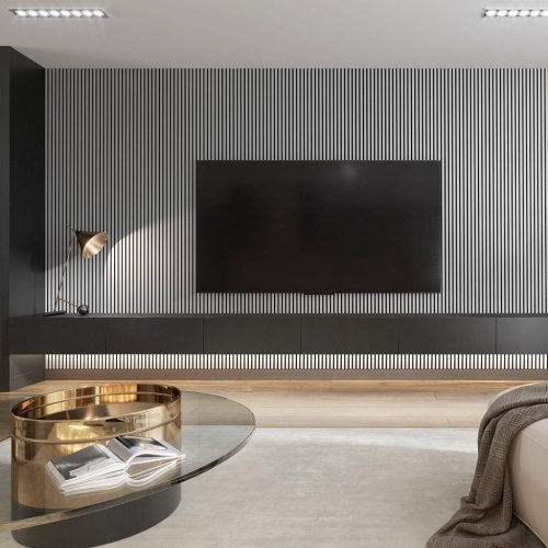 Akustický panel ACOUSTIC LINE - glacier grey | černá, 2650 x 245 x 22 mm, lamely MDF + FINISH FOLIE, akustický podklad FILC