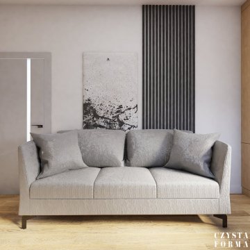Vizualizace úzkých černých lamel a stěně v obýváku za pohovkou
