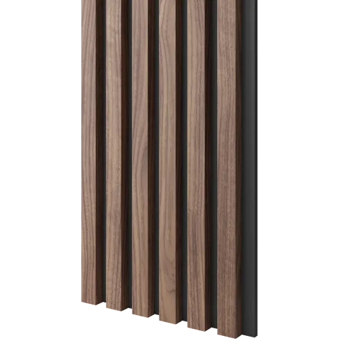 Dřevěné lamely ÚZKÉ na ČERNÉ desce (MDF), OŘECH DÝHA, 24 x 300 x 2750 mm (0,825 m2)